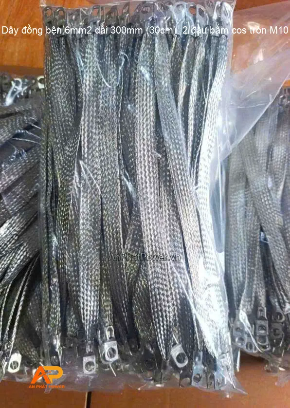 Dây đồng bện 6mm2 dài 300mm (30cm), 2 đầu bấm cos tròn M10