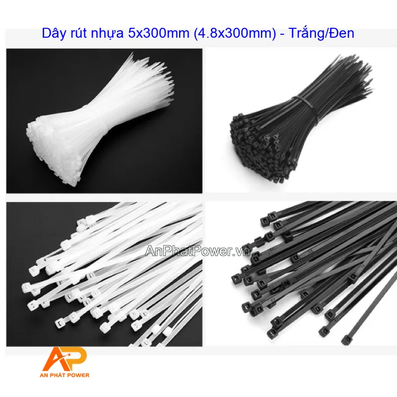 Dây rút nhựa 5x300mm (4.8x300mm) - Trắng/Đen