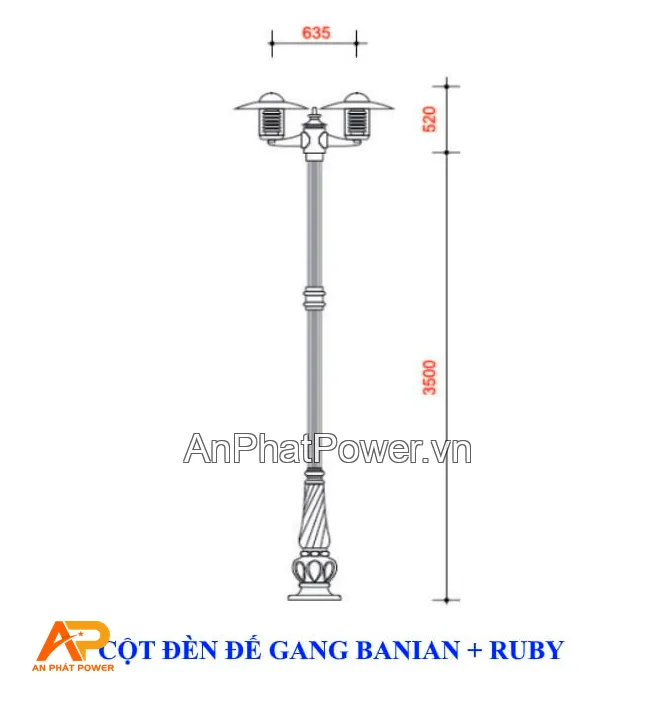 Cột đèn trang trí đế gang Banian Ruby Chính hãng