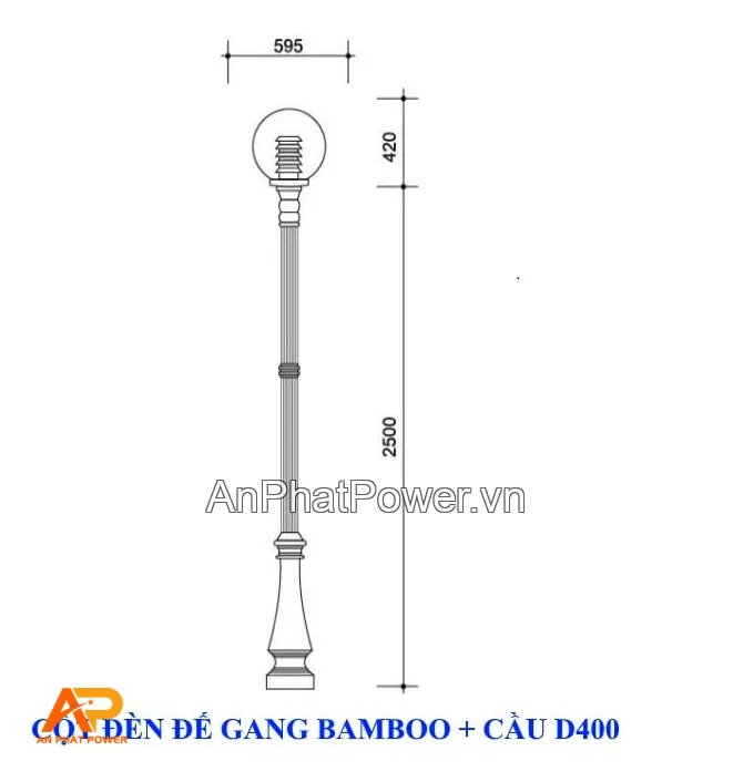 Cột đèn trang trí đế gang BAMBOO và đèn cầu D400 Chính hãng