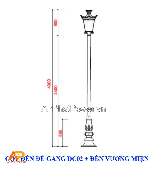 Cột đèn trang trí sân vườn DC02 đế gang kèm đèn Vương Miện Chính hãng