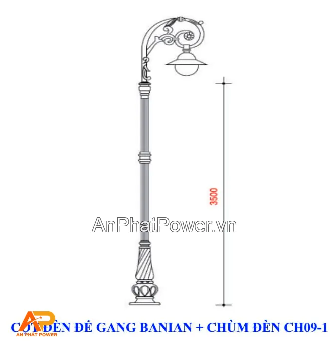 Cột đèn trang trí Banian đế gang, chùm đèn CH09-1 Chính hãng