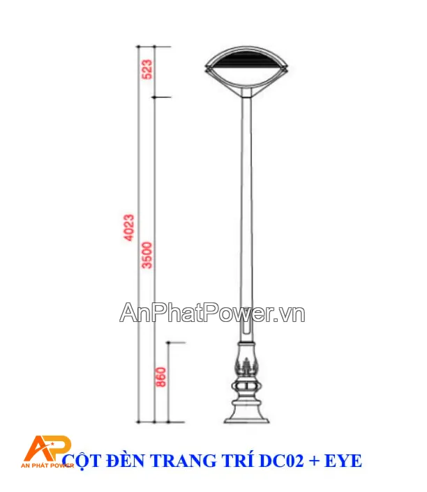 Cột đèn trang trí sân vườn đế gang DC02 kèm đèn EYE Chính hãng