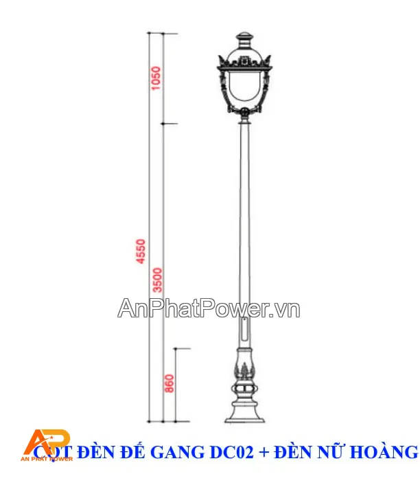 Cột đèn trang trí đế gang DC02 kèm đèn Nữ Hoàng Chính hãng