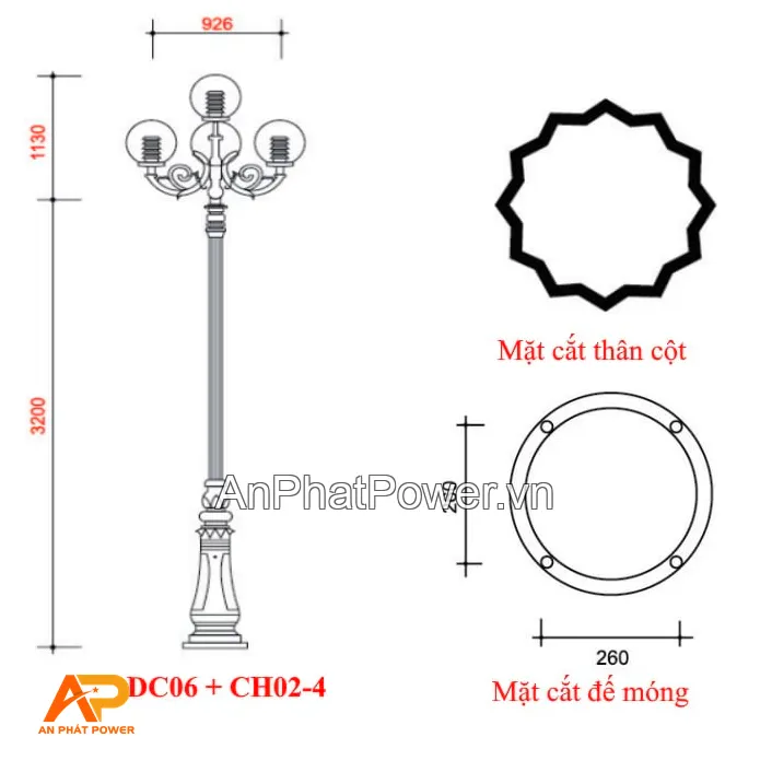 Cột đèn trang trí đế gang DC06 kèm chùm đèn 4 bóng CH02 Chính hãng
