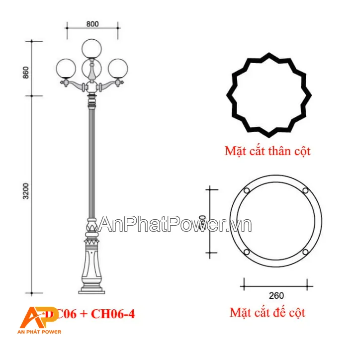 Cột đèn trang trí sân vườn đế gang DC06 kèm chùm đèn 4 bóng CH06 Chính hãng