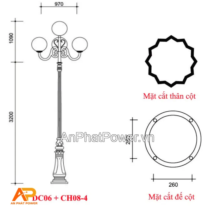 Cột đèn sân vườn trang trí đế gang DC06 kèm chùm đèn CH08-4 Chính hãng