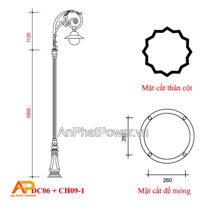 Cột đèn trang trí sân vườn gang DC06 kèm chùm đèn CH09-1 Chính hãng