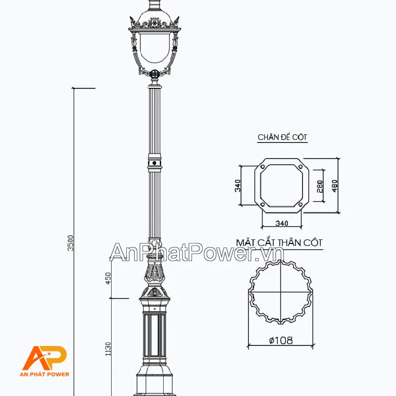 Cột đèn sân vườn đế gang DC05B kèm cầu nữ hoàng Chính hãng