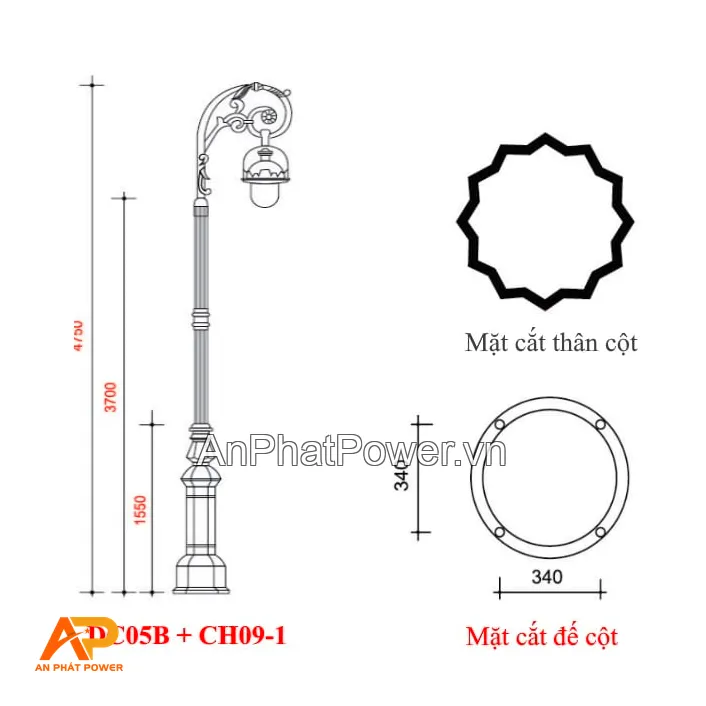Cột đèn trang trí sân vườn đế gang DC05B kèm chùm đèn CH09-1 Chính hãng