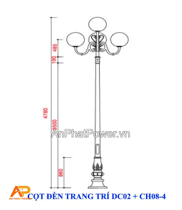 Cột đèn trang trí Việt Nam sử dụng đế gang DC02 và chùm đèn CH08-4 Chính hãng