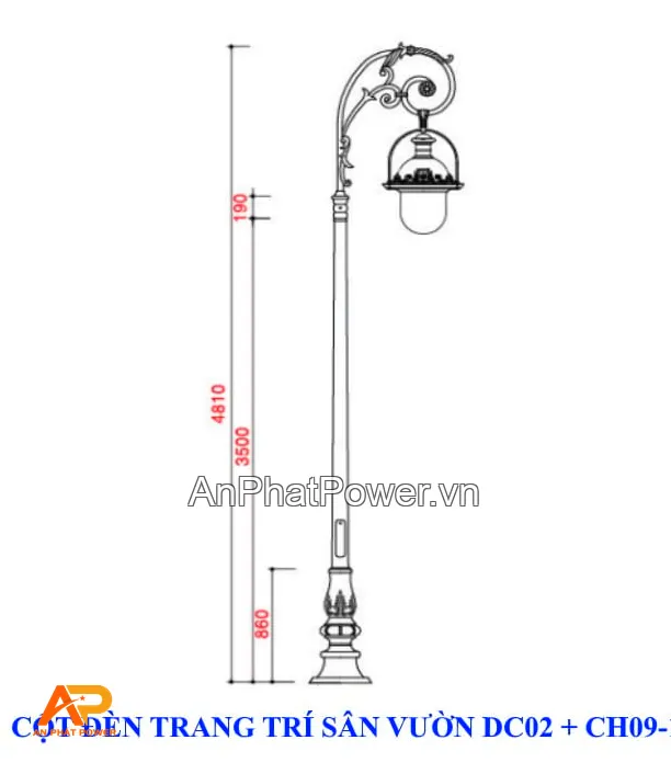 Cột đèn trang trí sân vườn đế gang DC02, chùm đèn CH09-1 Chính hãng