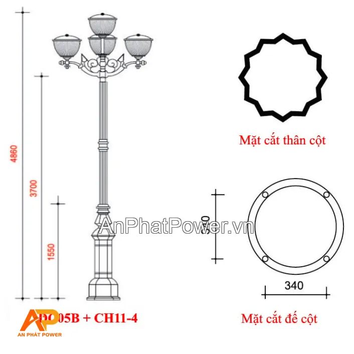 Cột đèn trang trí sân vườn đế gang DC05B chùm CH11-4 Chính hãng