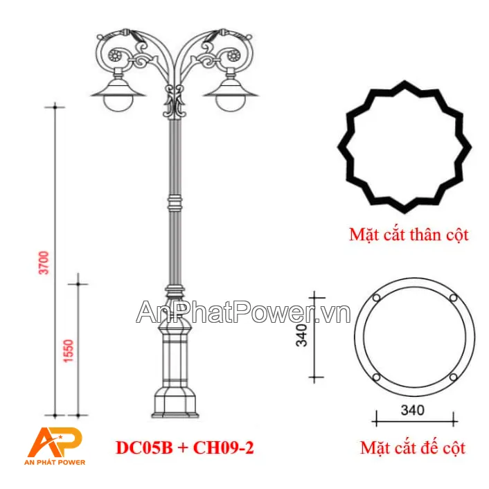 Cột đèn sân vườn đế gang DC05B kèm chùm đèn CH09-2 Chính hãng