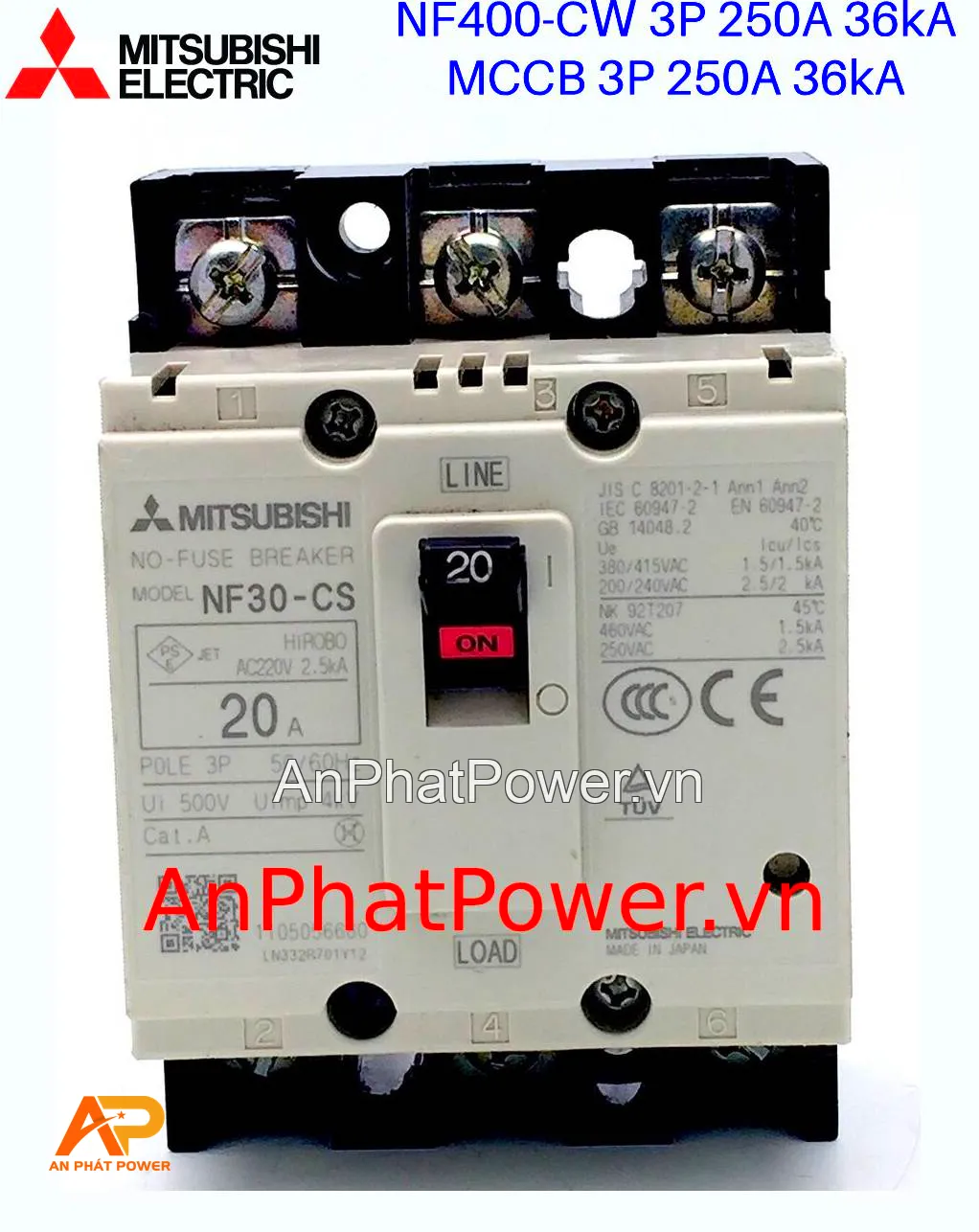 Aptomat khối MCCB 3P 250A 36kA Mitsubishi NF400-CW Chính hãng