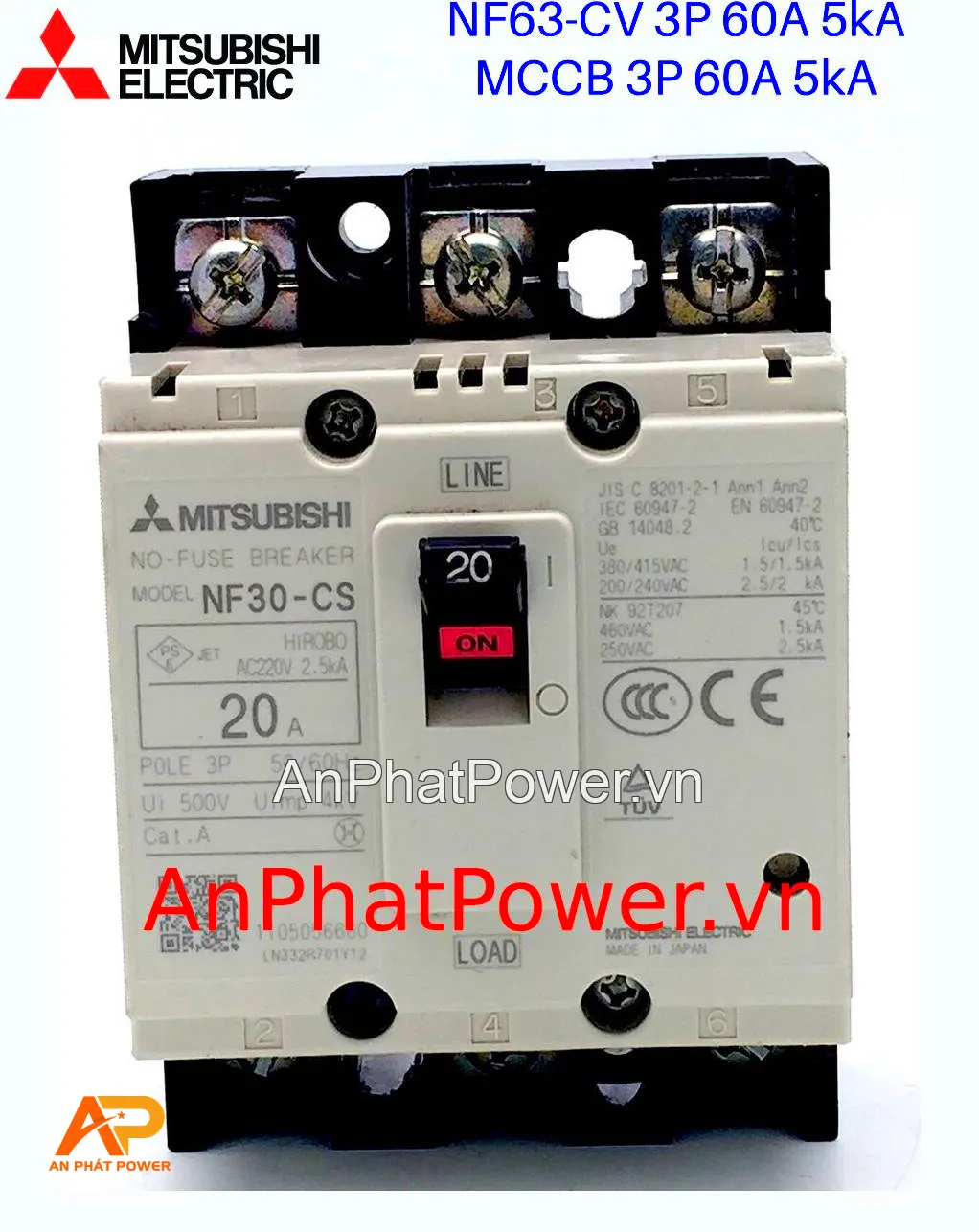 Aptomat khối 3P 60A 5kA Mitsubishi NF63-CV Chính hãng
